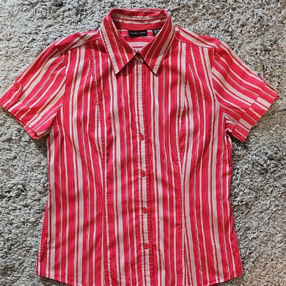 New York & Company Red and Silver Striped Button Down Shirt,M